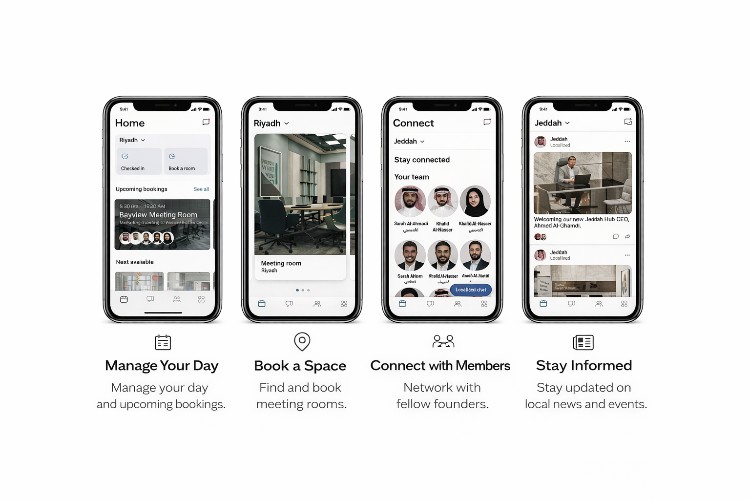 Founders Zone mobile app — book rooms, connect with members, manage your workspace